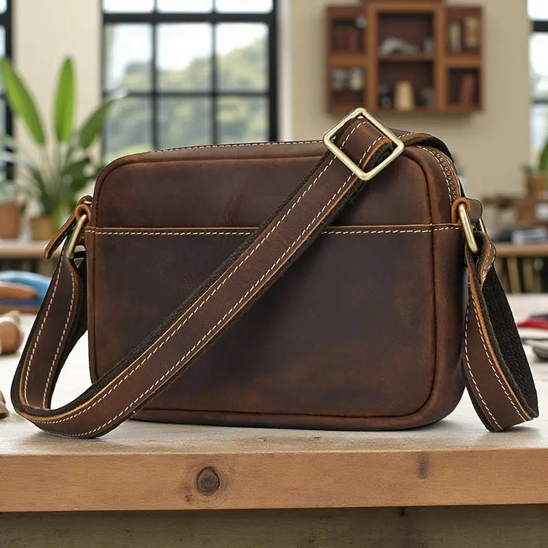 Vue avant du sac bandoulière en cuir de vachette marron posé sur une table dans un atelier de travail pour le cuir.
