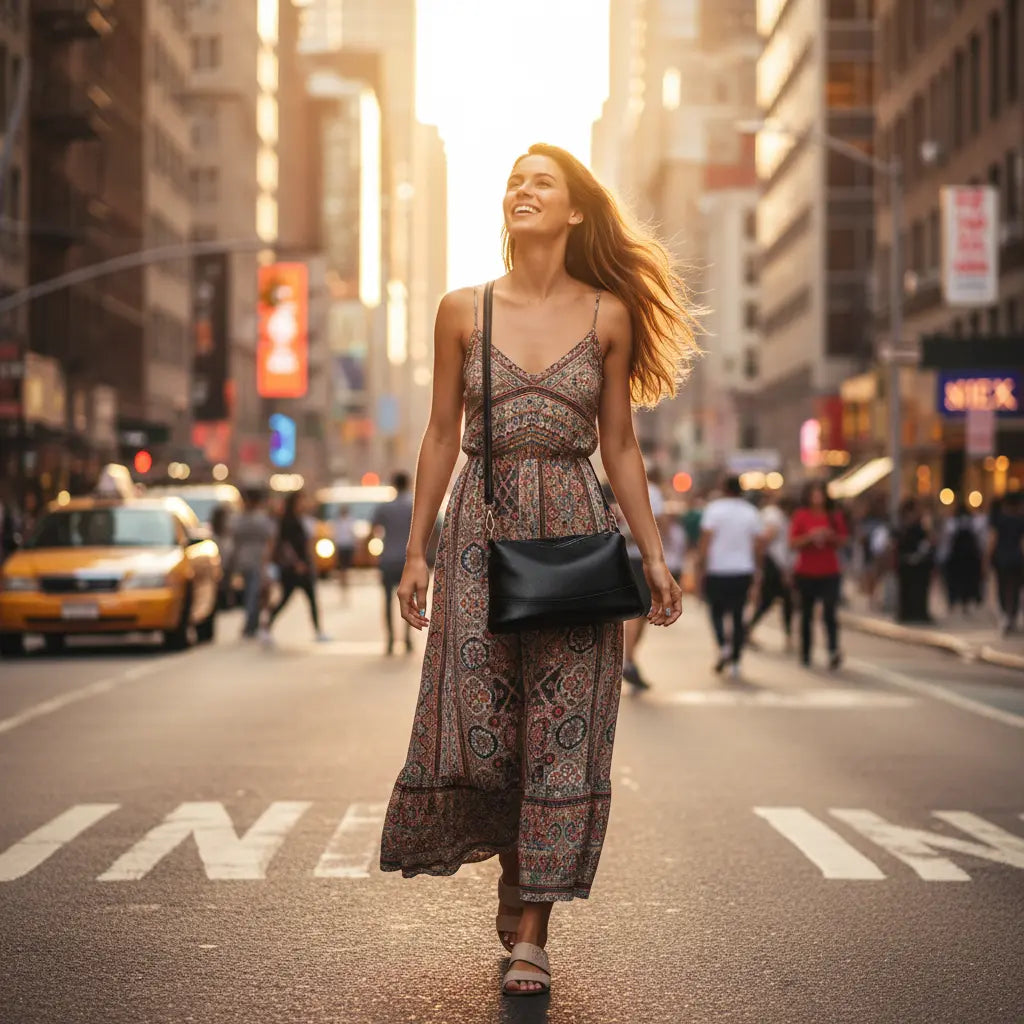 Sac à bandoulière femme en cuir noir porté en ville avec robe longue
