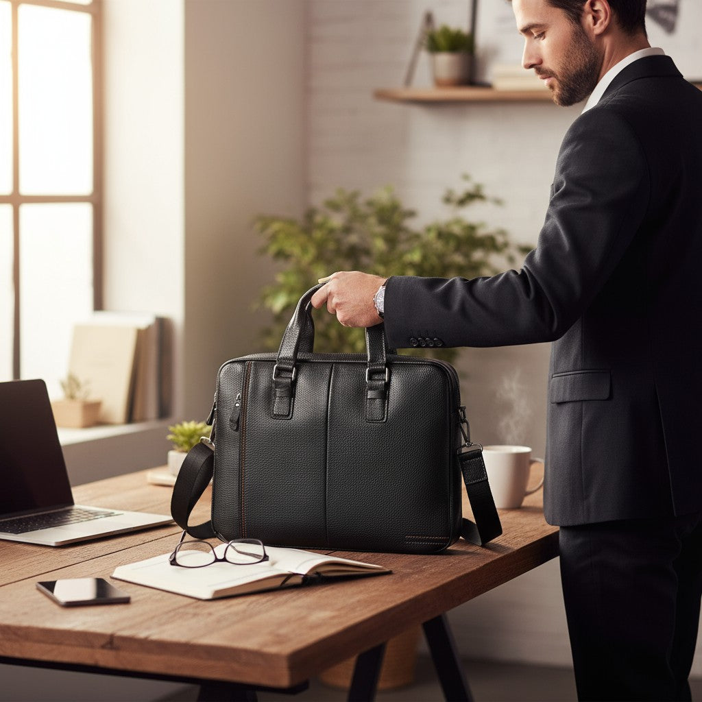 Sac à bandoulière homme en cuir noir 14 pouces posé sur un bureau avec poignées renforcées.