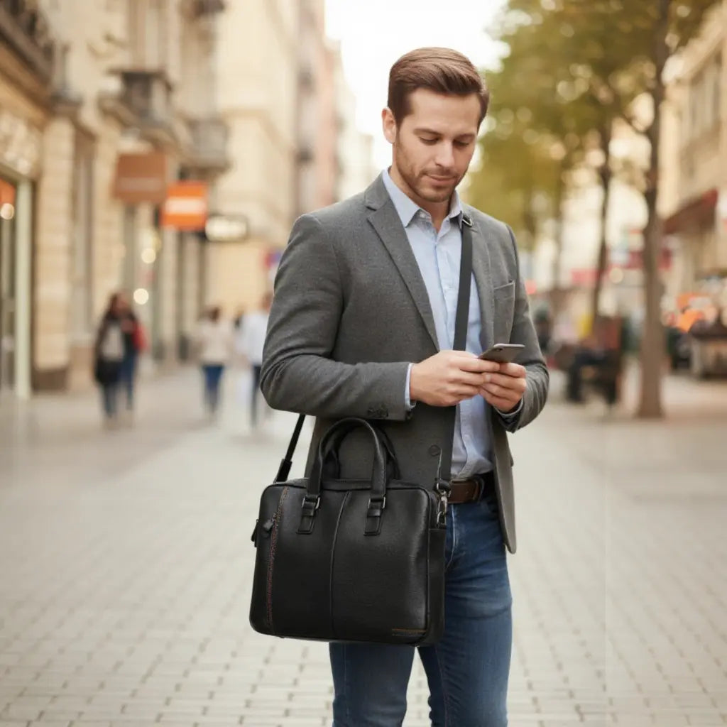Homme élégant utilisant son téléphone avec un sac à bandoulière en cuir noir 14 pouces à la main.