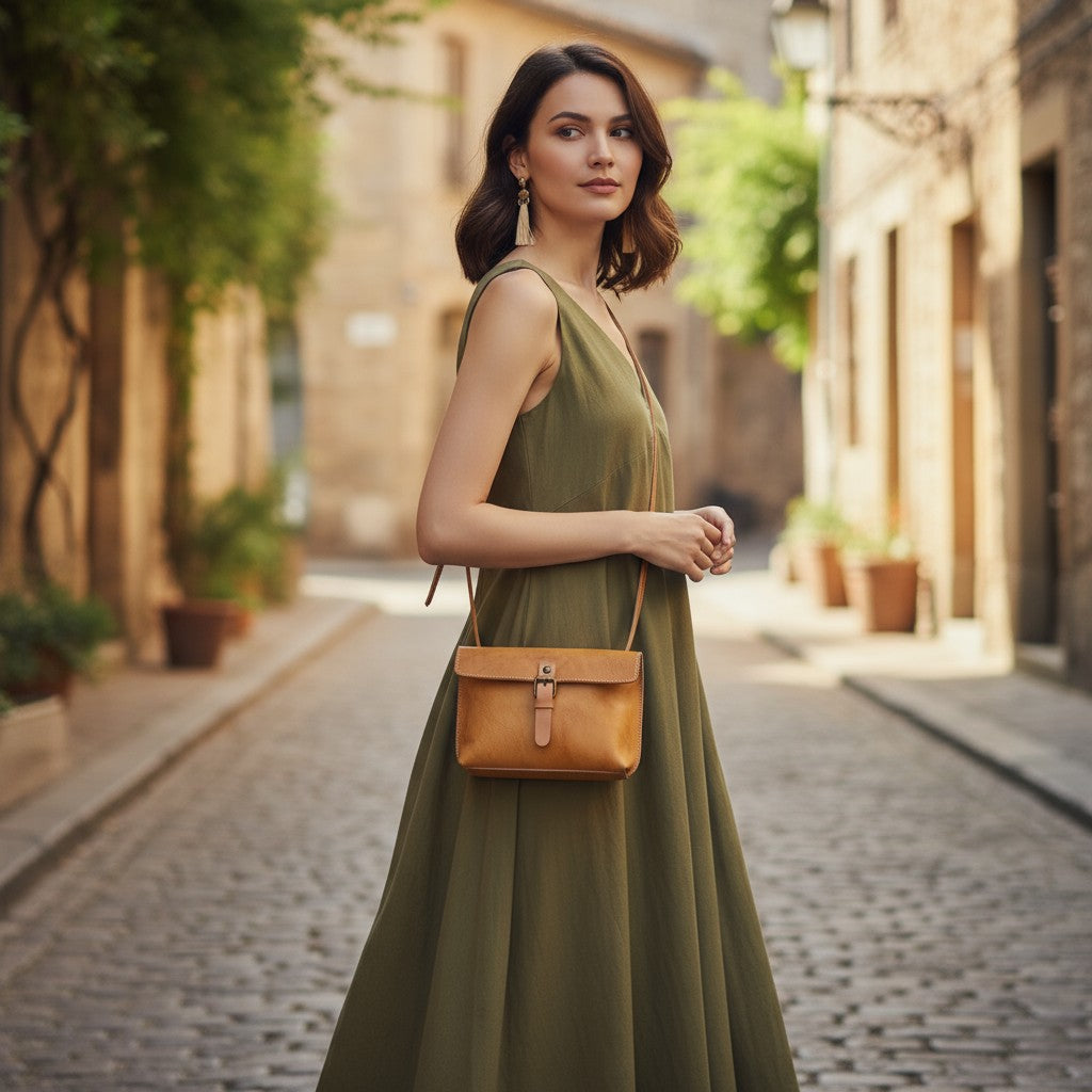 Femme portant un petit sac bandoulière en cuir jaune avec rabat rétro et boucle centrale beige.