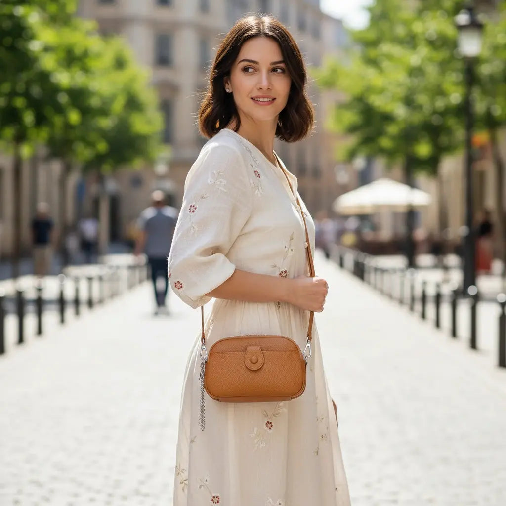 Sac bandoulière en cuir camel porté à l’épaule par une femme