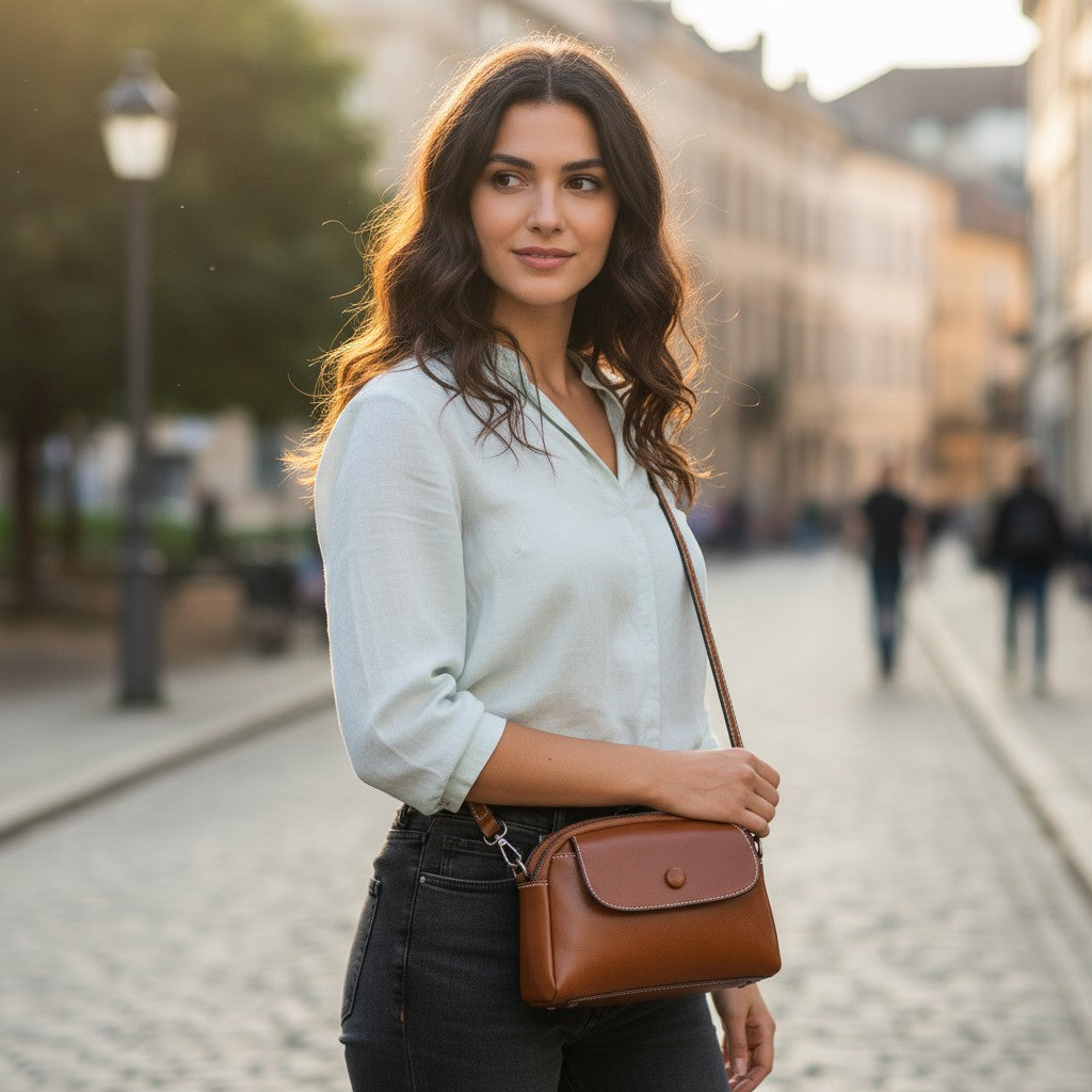 Femme portant un petit sac bandoulière en cuir marron foncé dans la rue.
