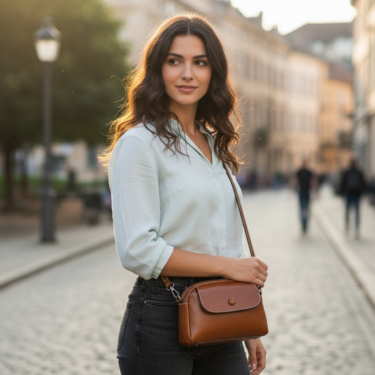 Femme portant un petit sac bandoulière en cuir marron foncé dans la rue.