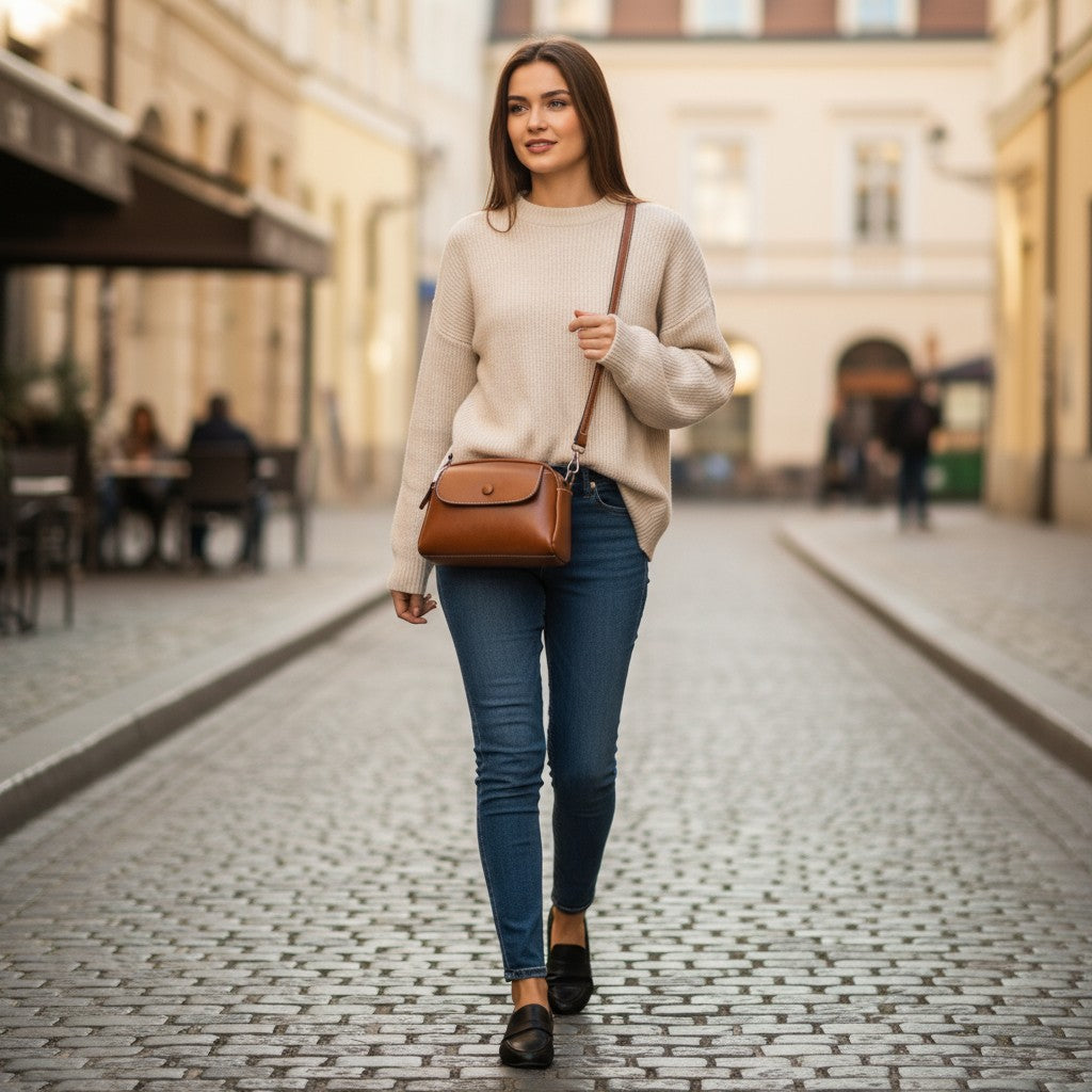 Femme en tenue décontractée portant un sac bandoulière marron foncé sur le côté.
