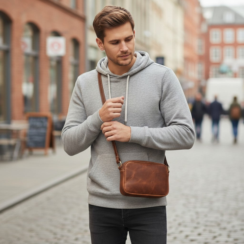 Sac bandoulière vue dos en cuir marron porté par un homme avec une tenue urbaine