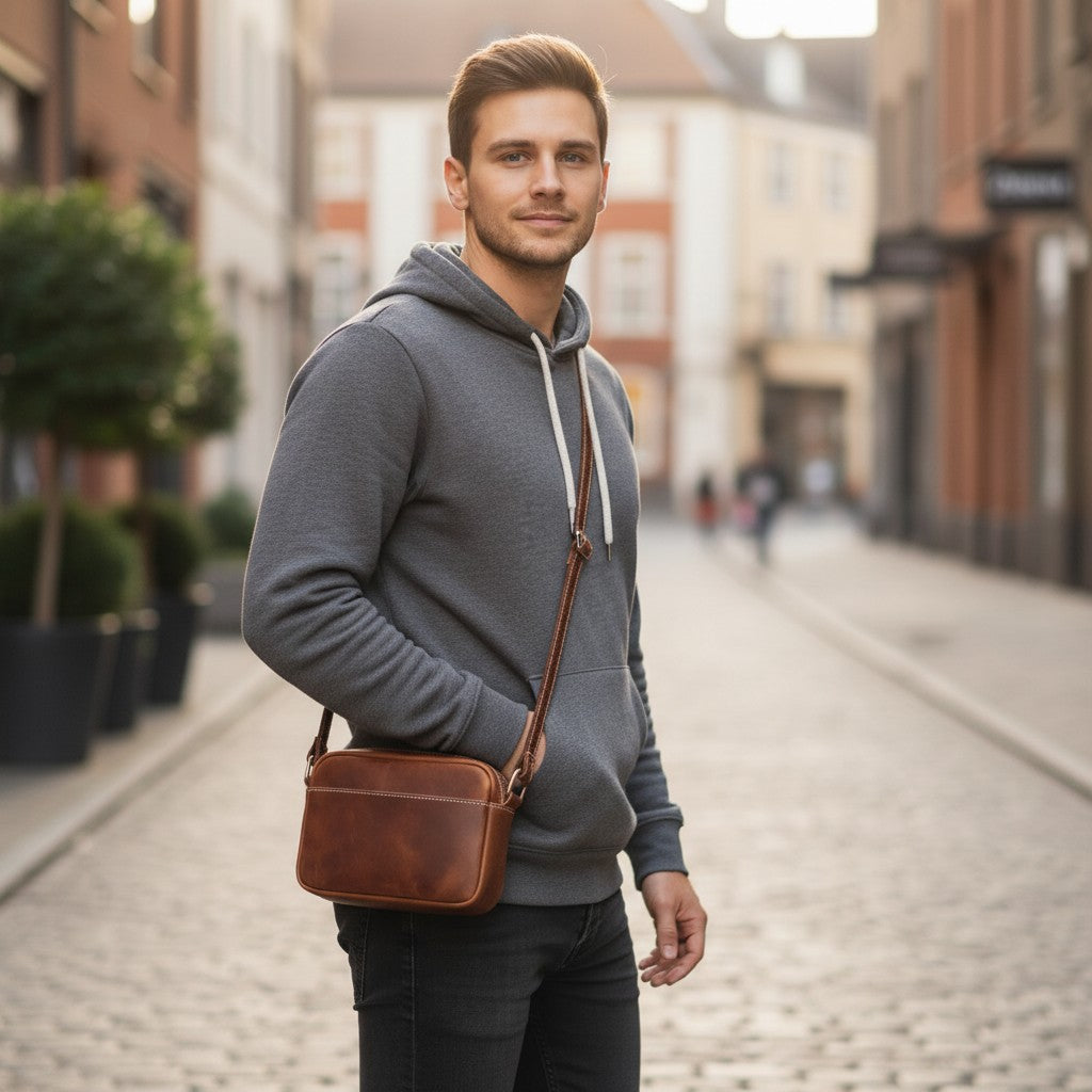 Sac bandoulière en cuir marron porté par un homme marchant en ville