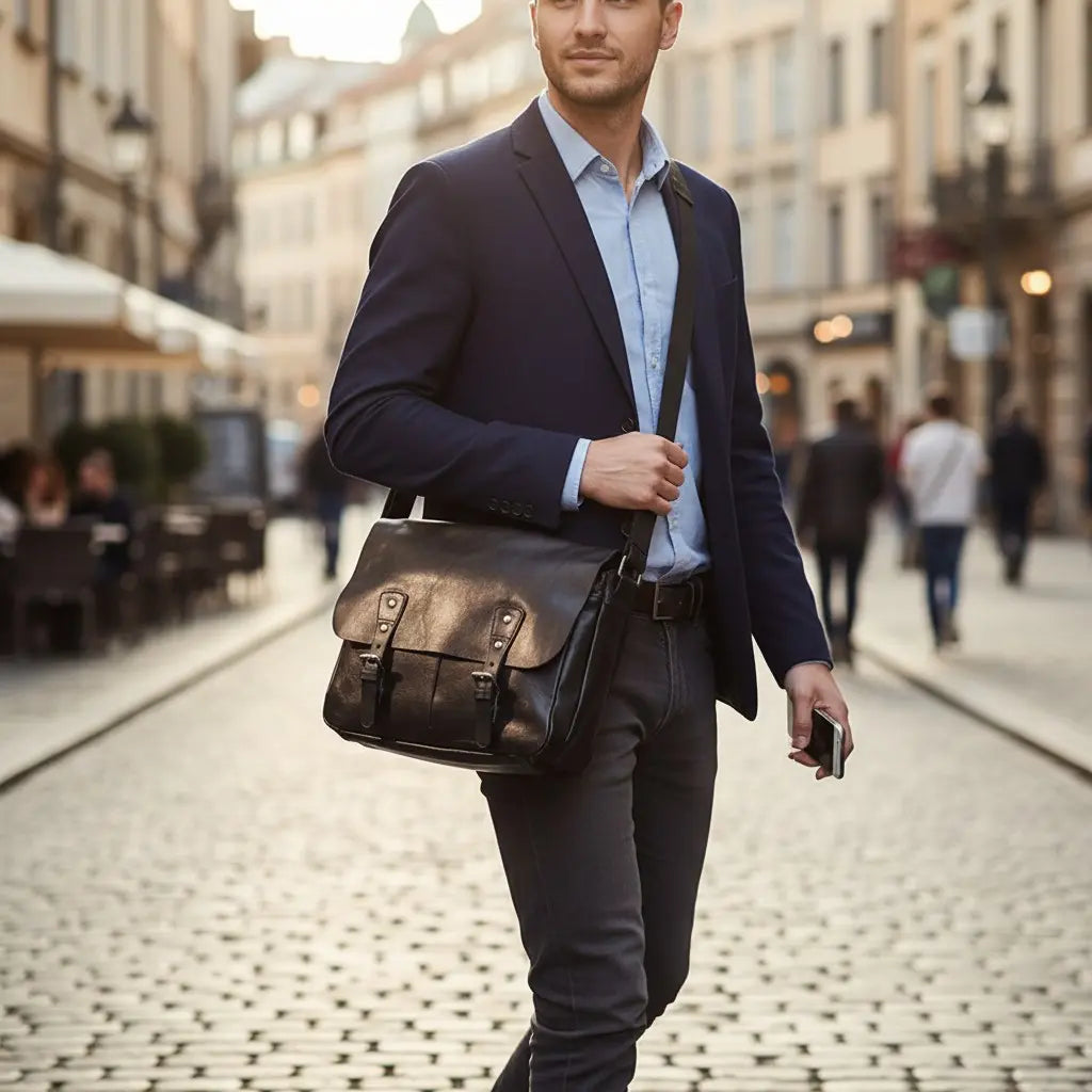 Homme portant un sac à bandoulière en cuir noir dans une rue au style urbain élégant