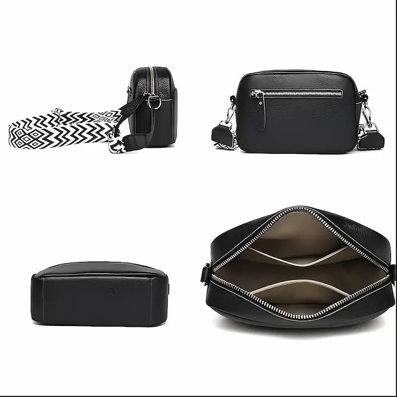 Vue intérieure du sac bandoulière noir montrant les compartiments de rangement