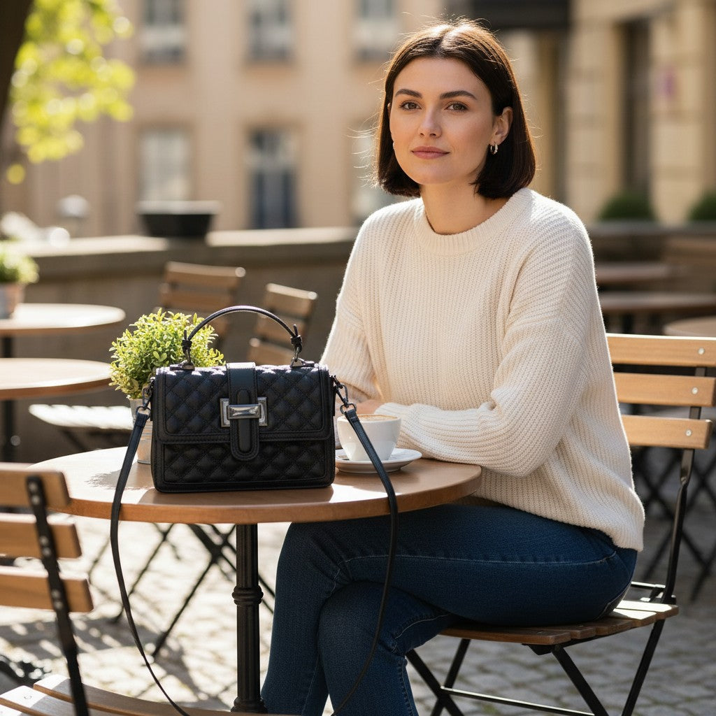 Femme avec sac bandoulière noir en cuir matelassé posée en terrasse