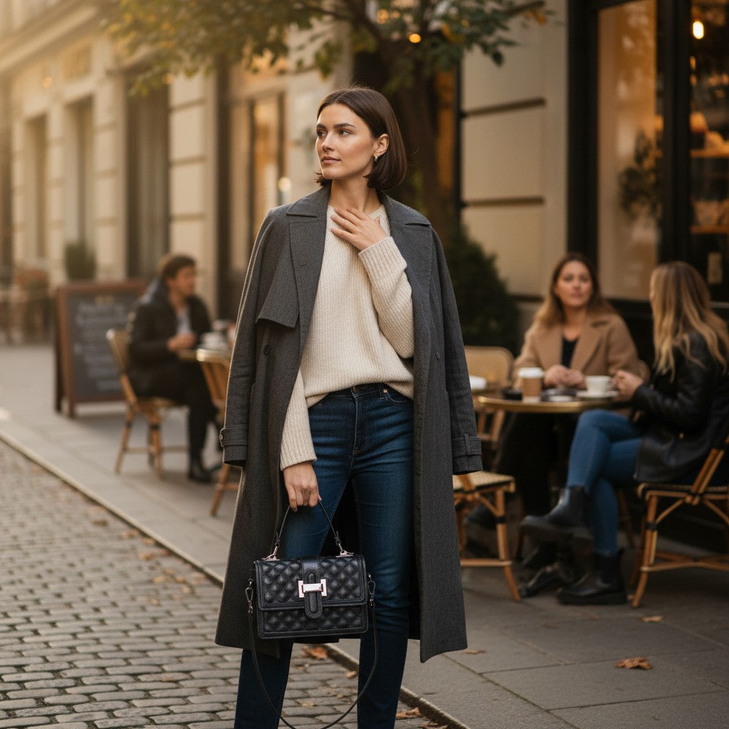 Femme portant un sac bandoulière noir en cuir matelassé en ville