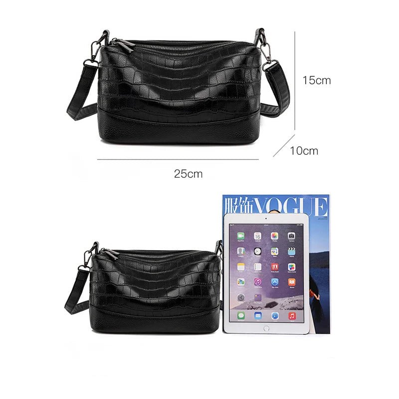 Dimensions du sac bandoulière cuir noir croco avec comparaison tablette