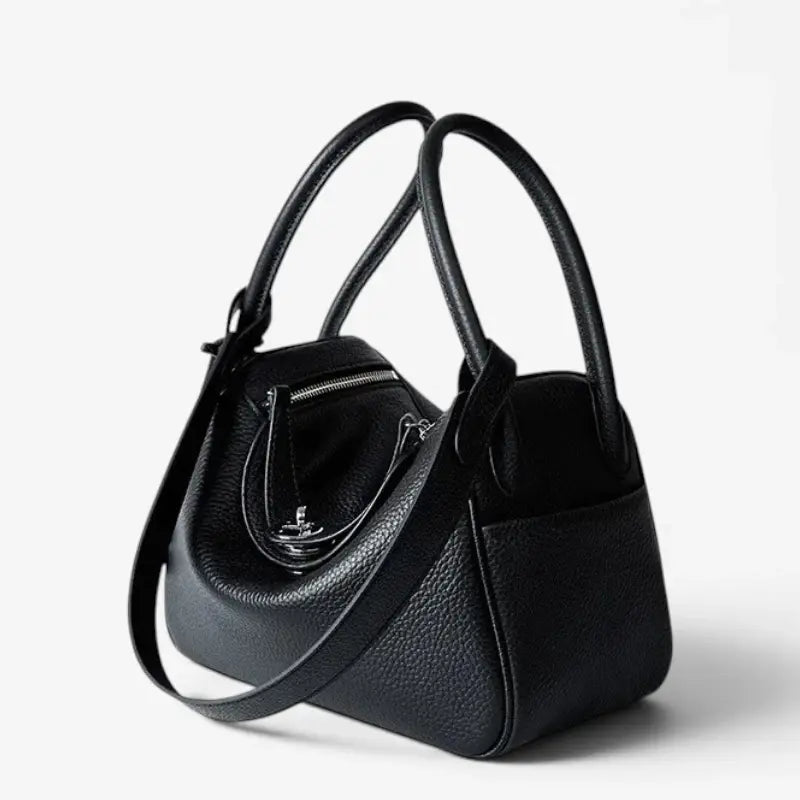 Sac bandoulière femme en cuir de vachette noir avec double anse