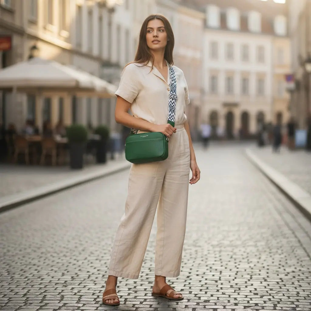 Sac bandoulière vert en cuir de vachette avec sangle géométrique verte et blanche porté en bandoulière par une femme élégante.