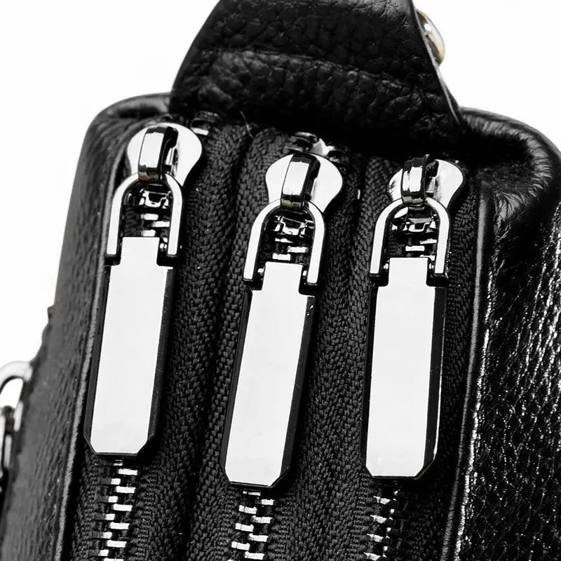 Sac bandoulière femme en cuir noir avec trois fermetures zippées