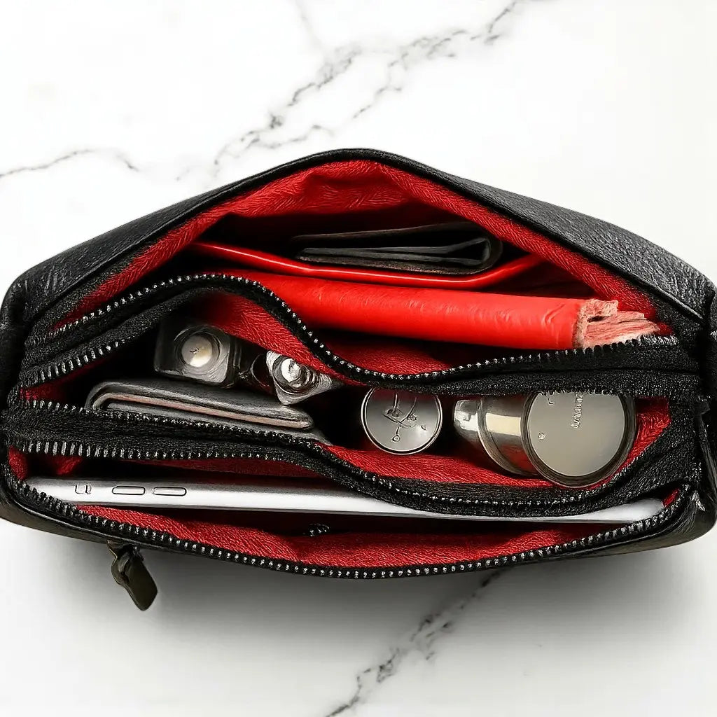 Intérieur du sac bandoulière femme en cuir noir avec rangements