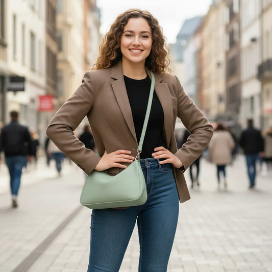 Sac bandoulière femme en cuir de vachette pleine fleur porté à l’épaule en milieu urbain