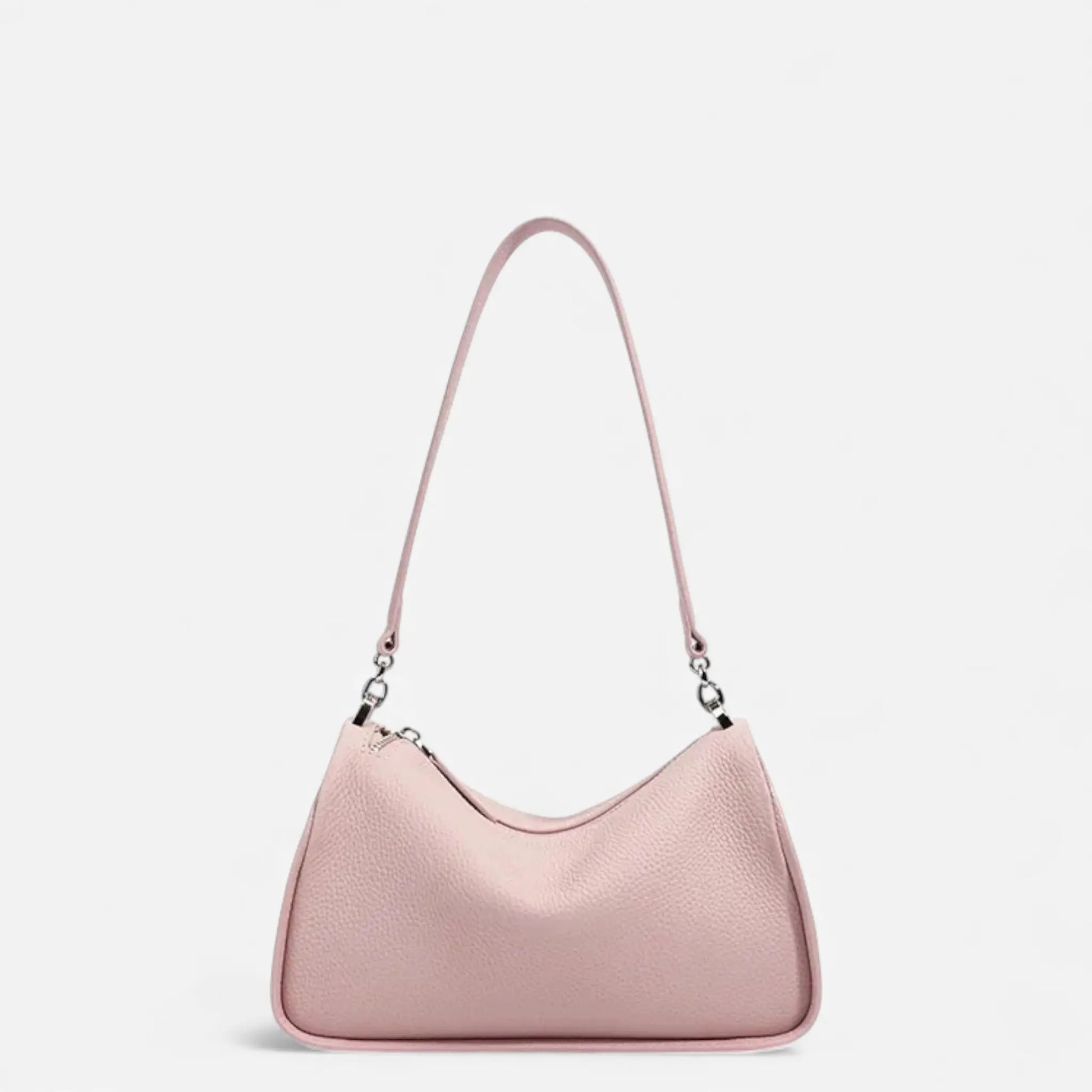Sac bandoulière femme en cuir de vachette rose vu de face
