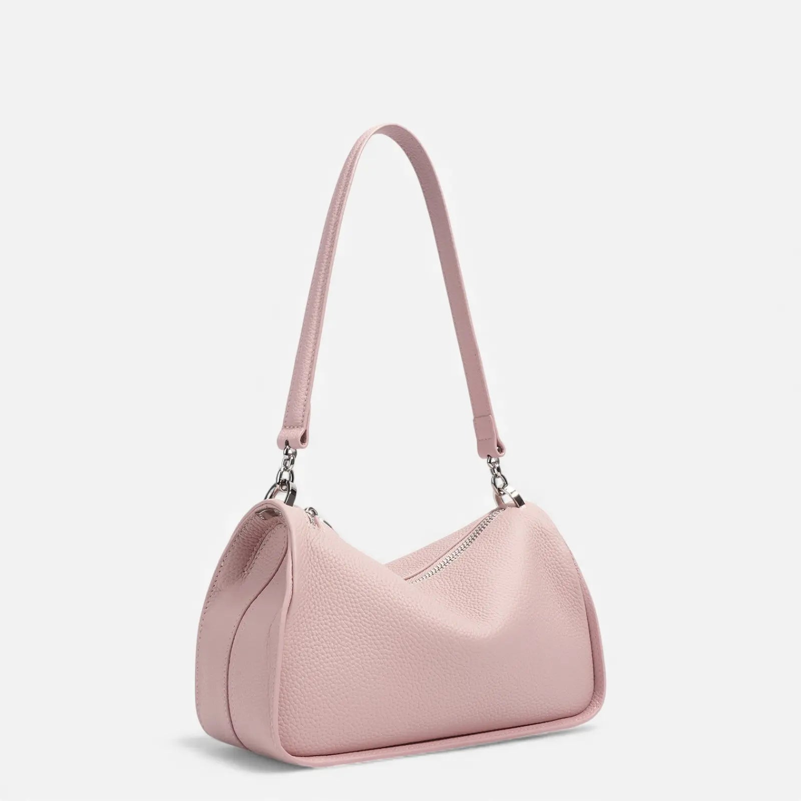 Sac bandoulière femme en cuir de vachette rose vu de trois quarts
