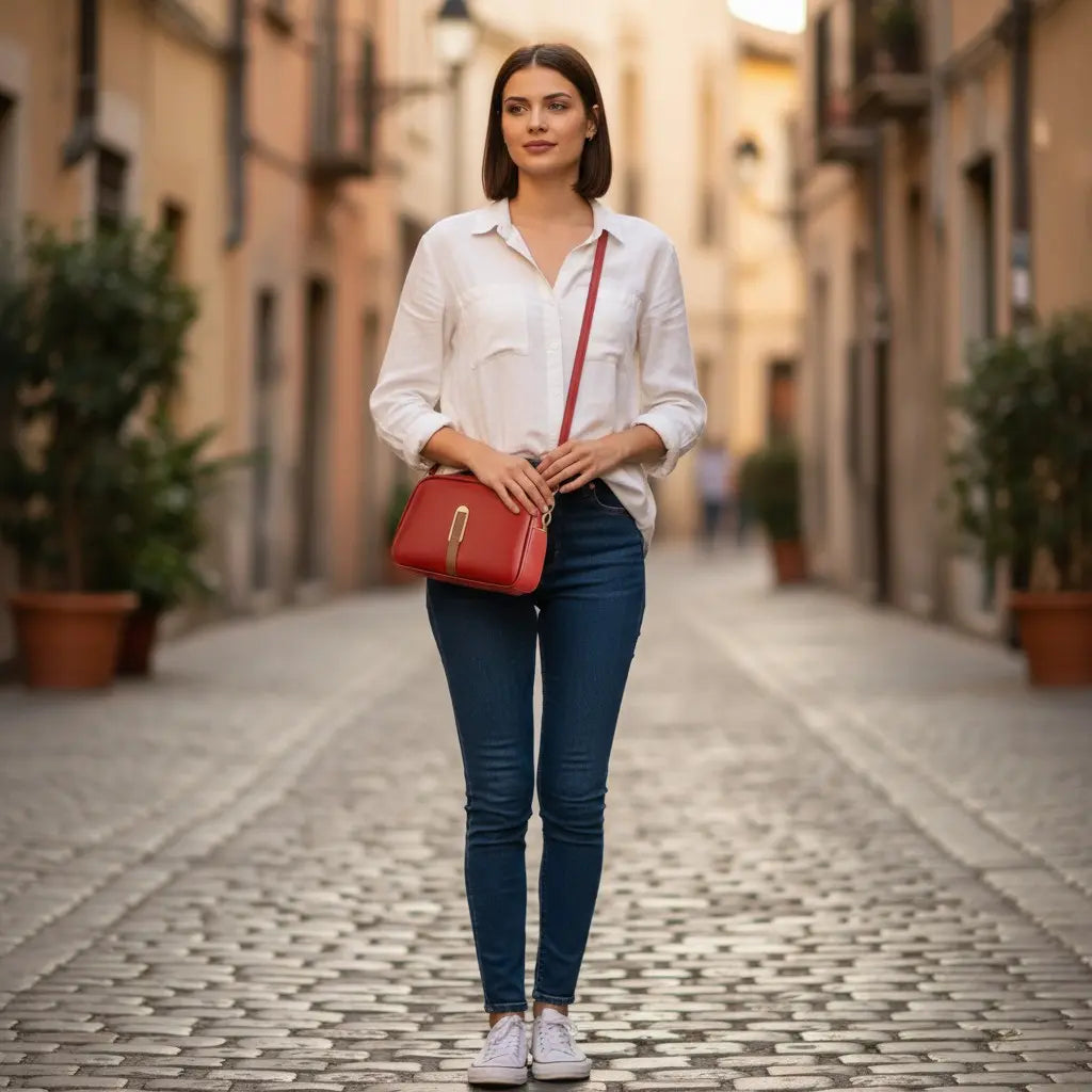 Petit sac bandoulière femme rouge porté à l’épaule avec bandoulière beige