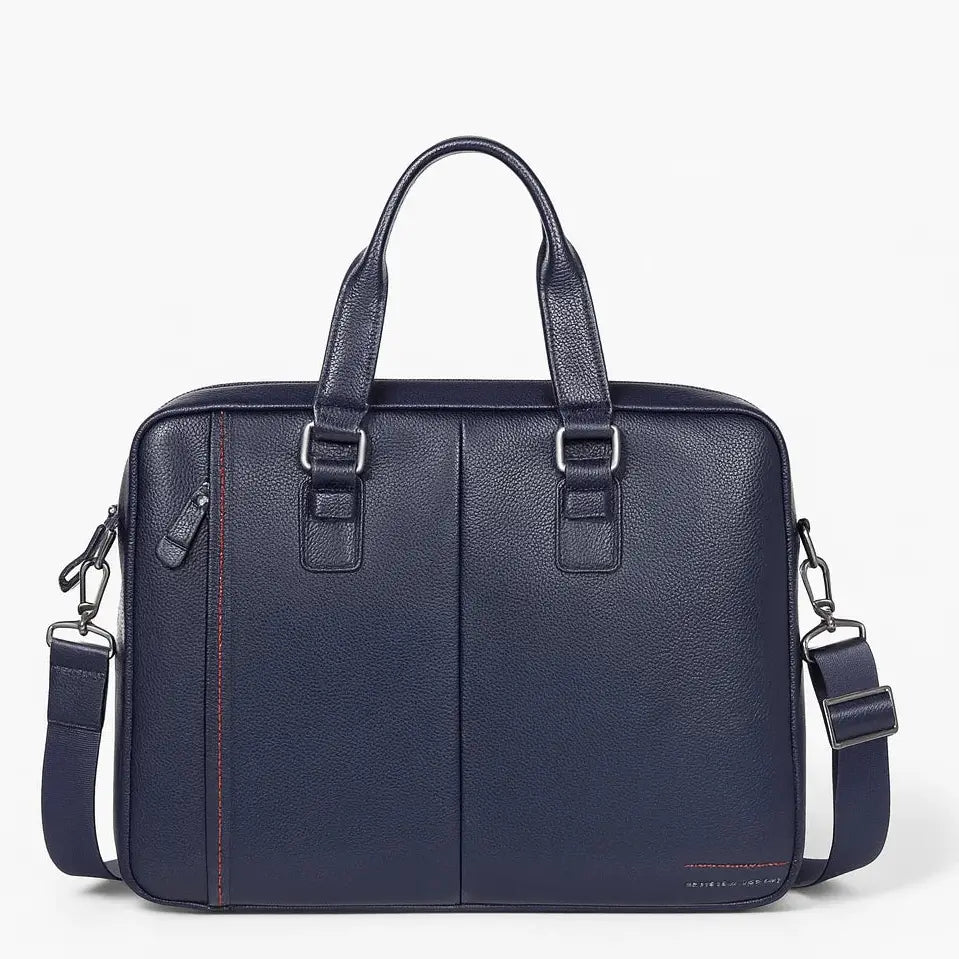 Vue de face du sac à bandoulière homme en cuir bleu avec poignées et sangle assortie