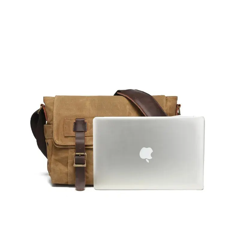 sac bandoulière homme camel en toile et cuir de vachette avec ordinateur