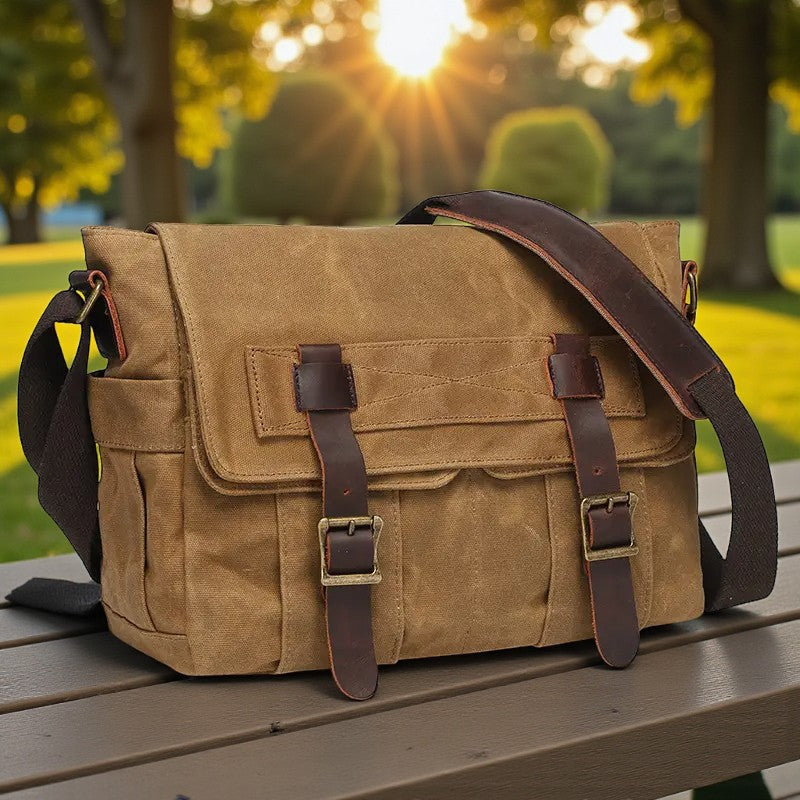 sac bandoulière homme camel en toile et cuir de vachette posé en extérieur