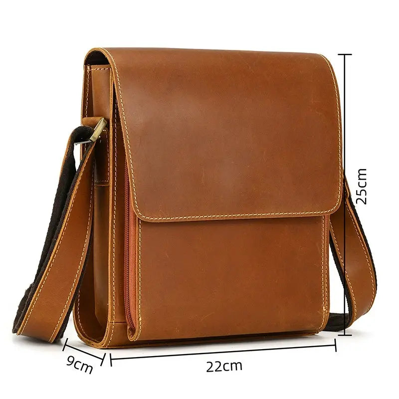 Dimensions du sac bandoulière homme en cuir marron 25x22x9 cm avec sangle réglable