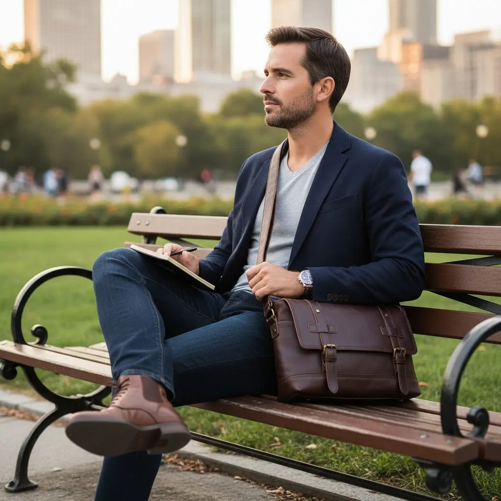 Sac bandoulière homme en cuir véritable vintage marron porté par un homme assis sur un banc