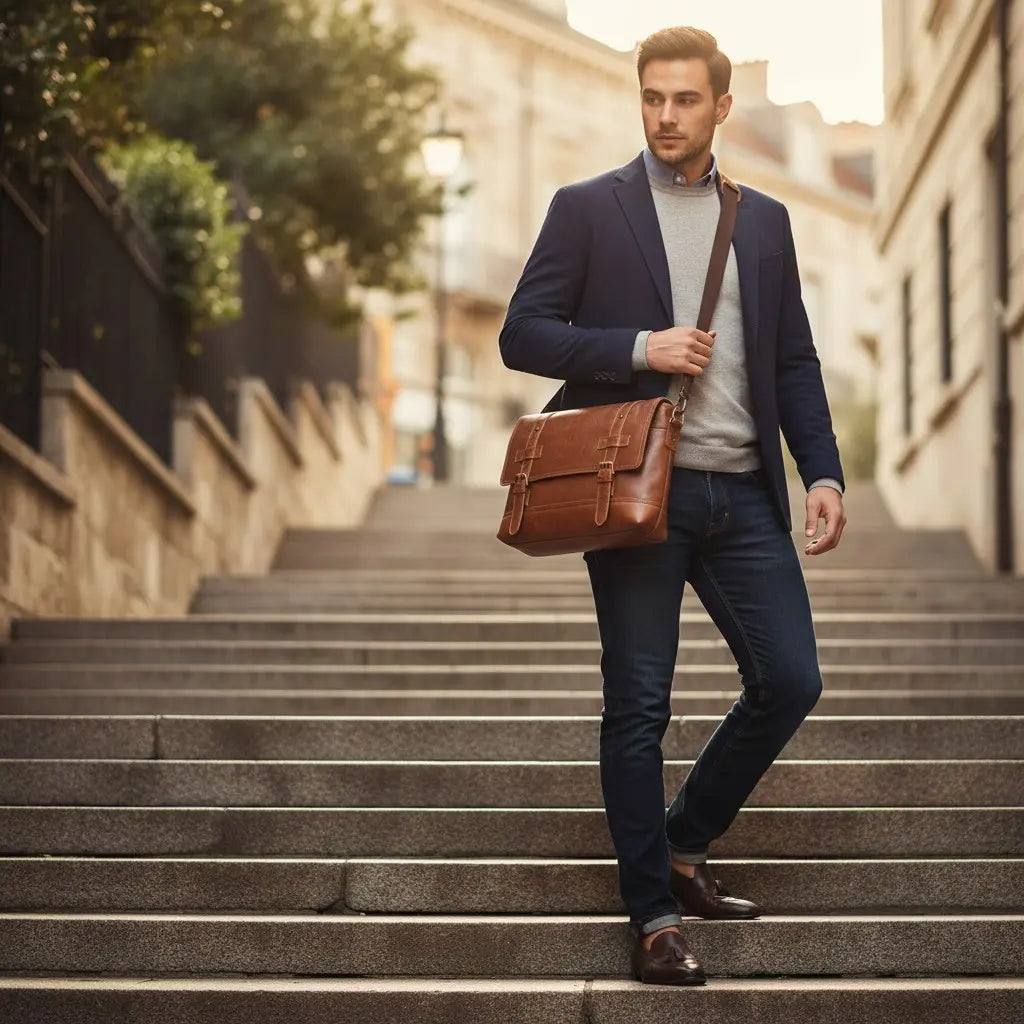 Sac bandoulière homme en cuir véritable vintage marron porté dans un escalier extérieur