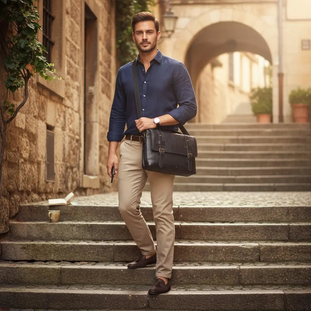 Sac bandoulière homme en cuir véritable vintage noir porté dans un escalier en pierre
