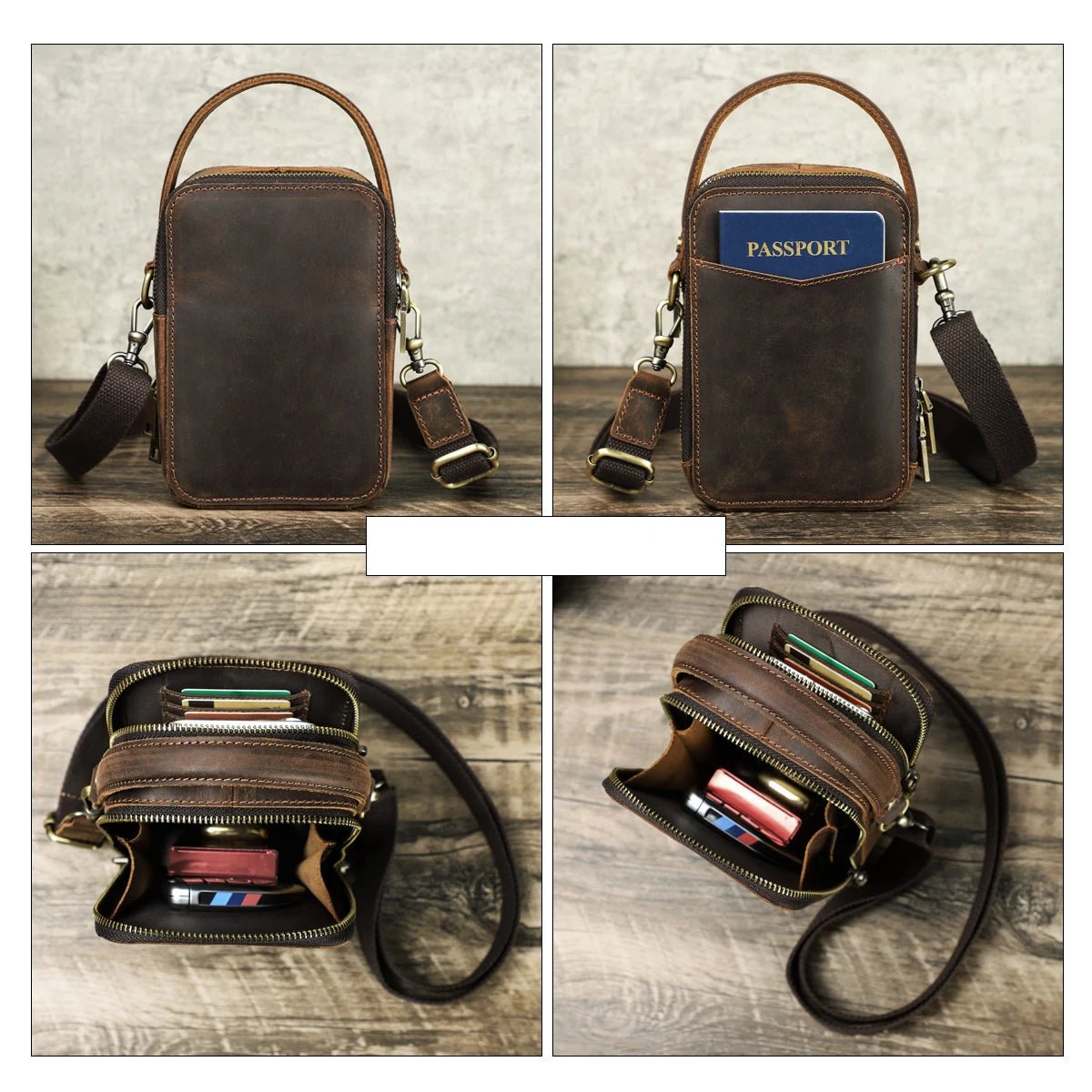 Vue arrière et capacité de rangement du sac bandoulière en cuir brun