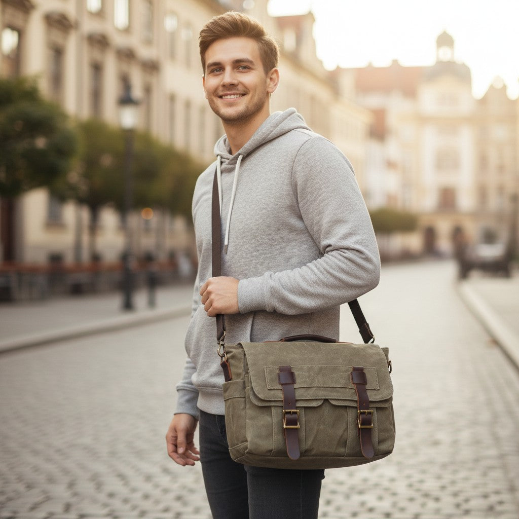 homme portant un sac bandoulière kaki en toile et cuir de vachette en extérieur