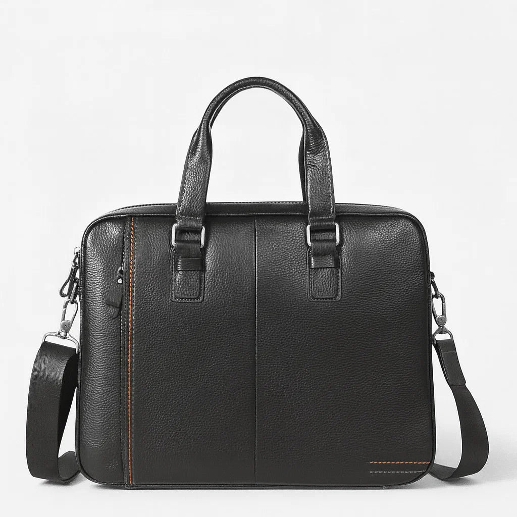 Vue de face du sac à bandoulière homme en cuir noir avec poignées et bandoulière ajustable