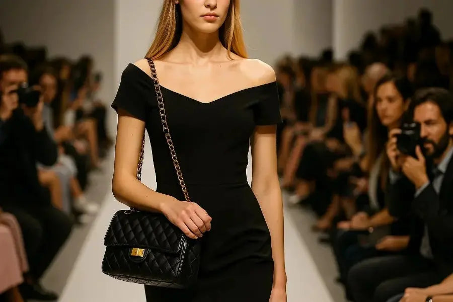 Femme portant un sac bandoulière noir sur un podium de défilé de mode