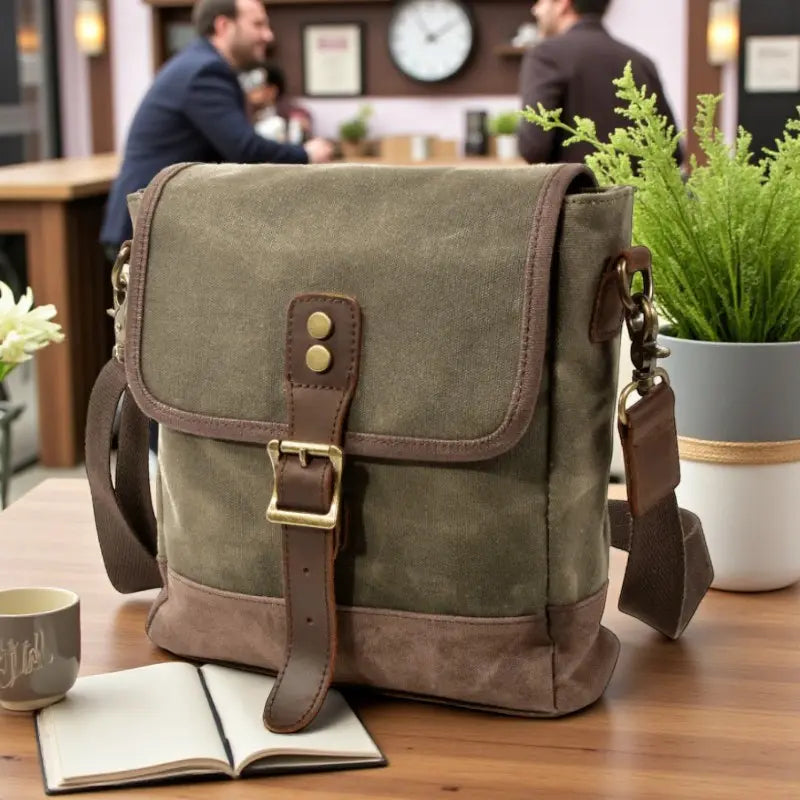 Sac bandoulière homme en toile cirée verte avec lanière en cuir véritable