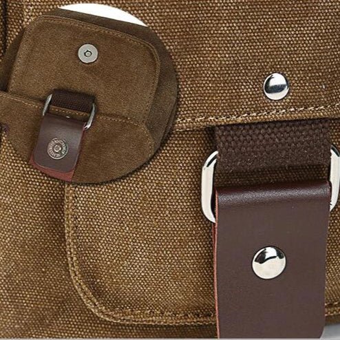 Détail du système de fermeture par bouton-pression du sac vintage en toiles