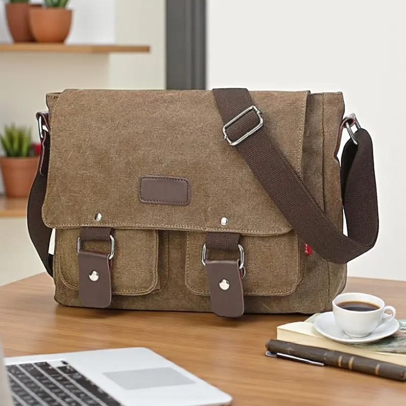 Vue du sac bandoulière vintage pour homme en toile marron fermé