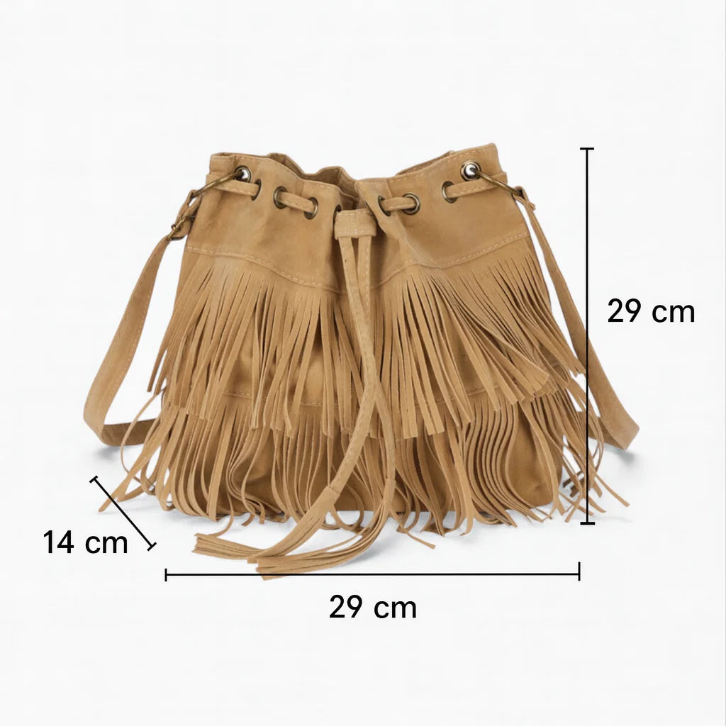 Dimensions du sac bourse à franges en suédine avec mesures 29 x 29 x 14 cm