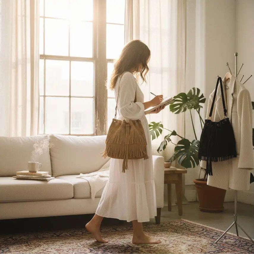 Sac bourse à franges en suédine porté à l’intérieur par une femme