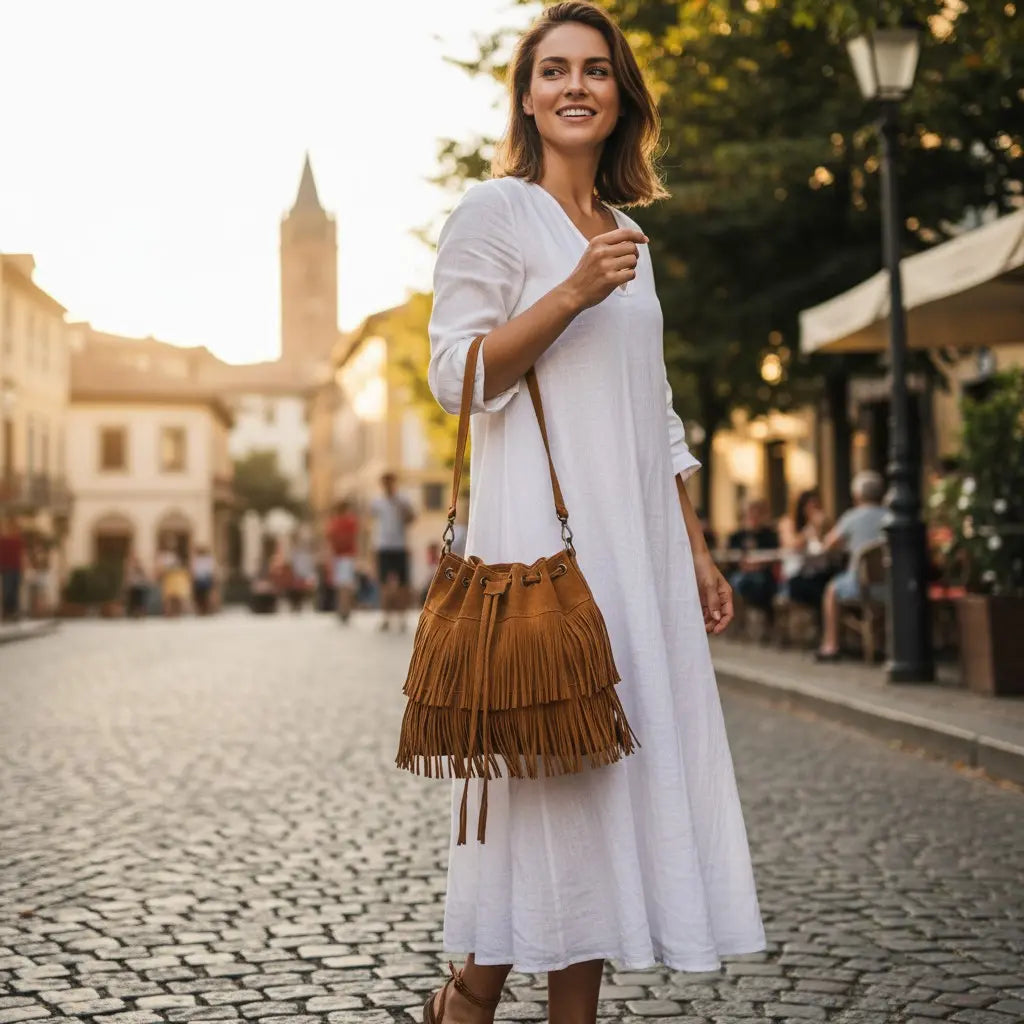 Sac bourse à franges en suédine style bohème porté avec une robe blanche