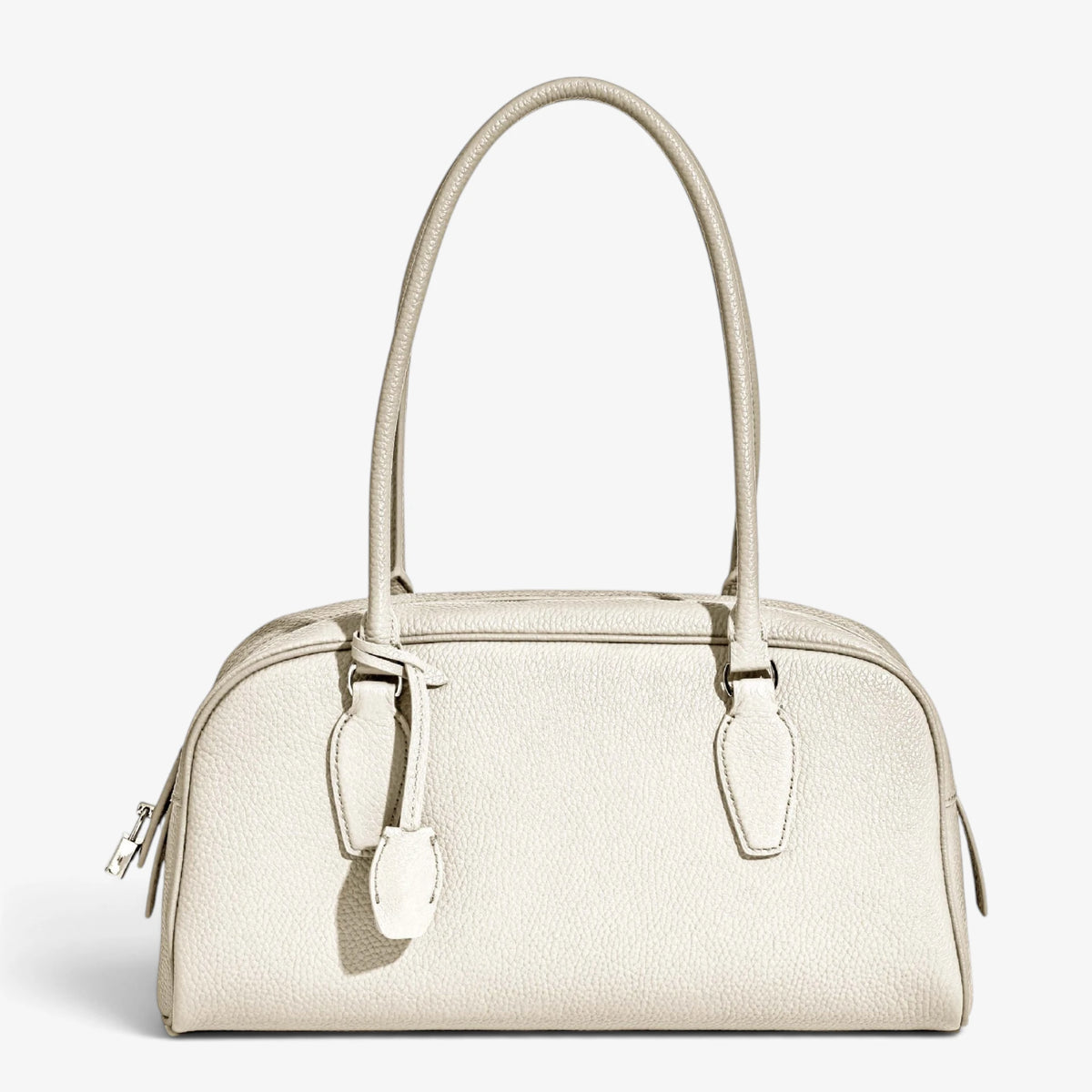 Sac bowling pour femme en cuir grainé blanc avec longues anses, vu de face