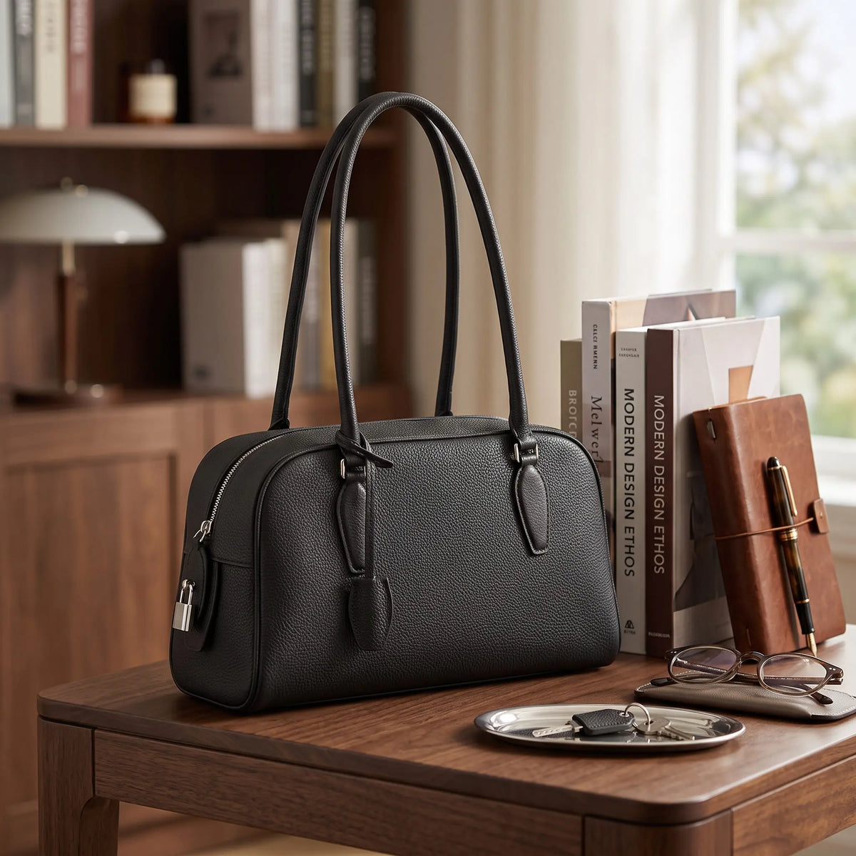 Sac bowling en cuir grainé noir avec longues anses posé sur une table