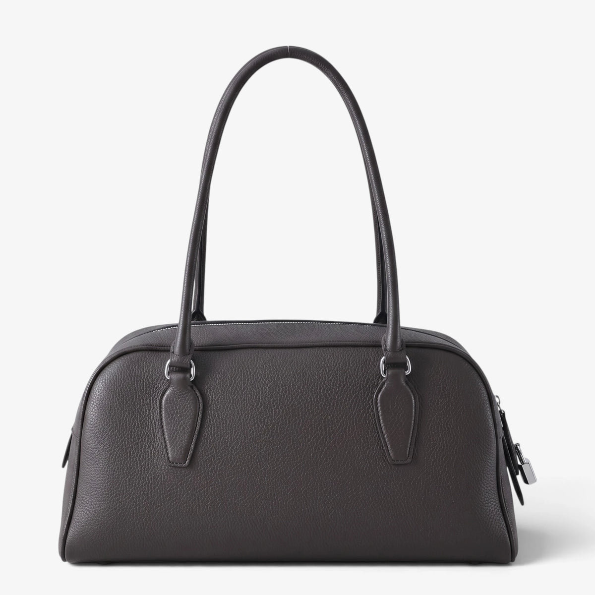 Sac bowling pour femme en cuir grainé noir avec longues anses, vu de face