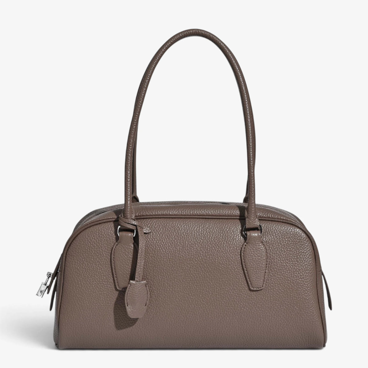 Sac bowling pour femme en cuir grainé taupe avec longues anses, vu de face