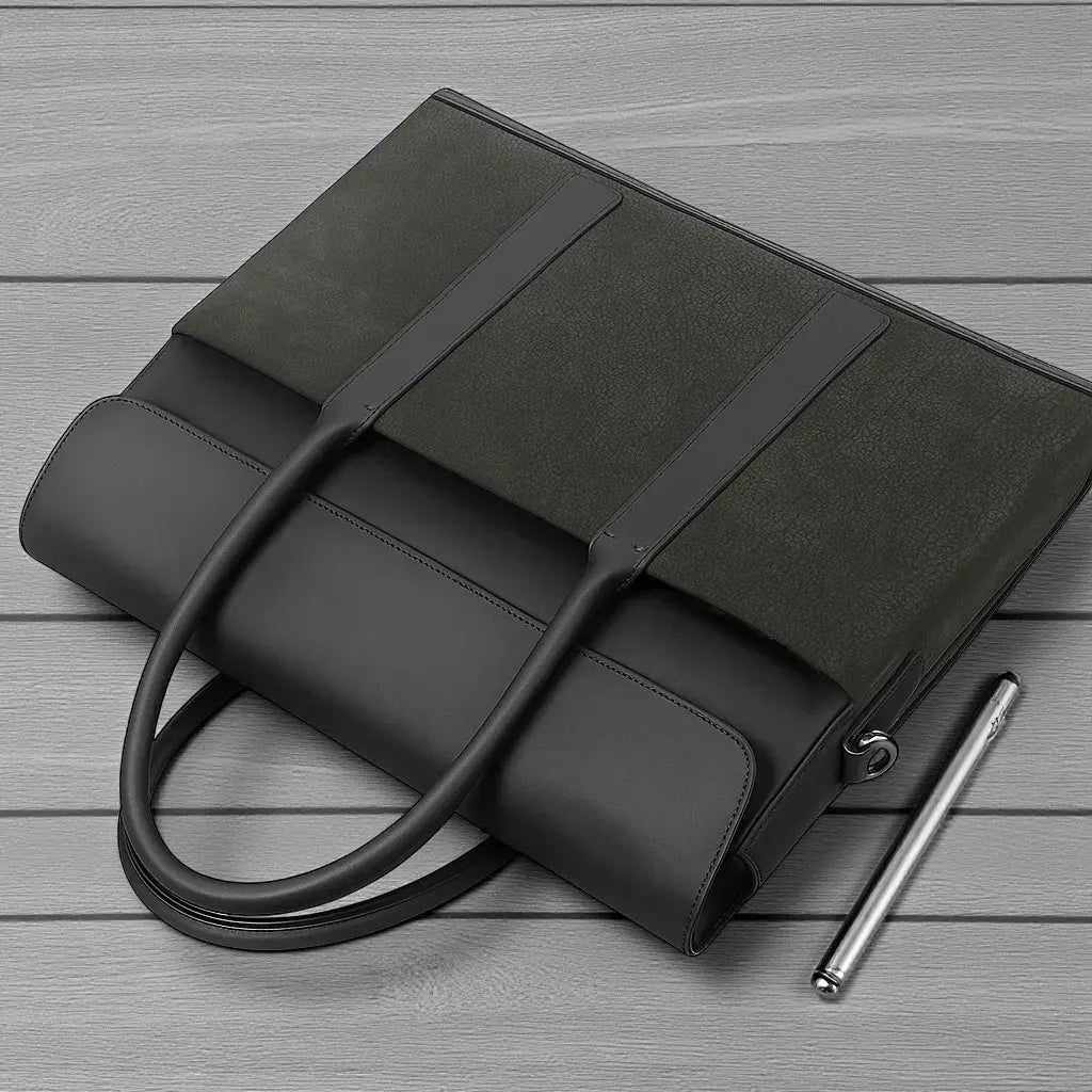 Sac business en cuir noir posé à plat vu du dessus