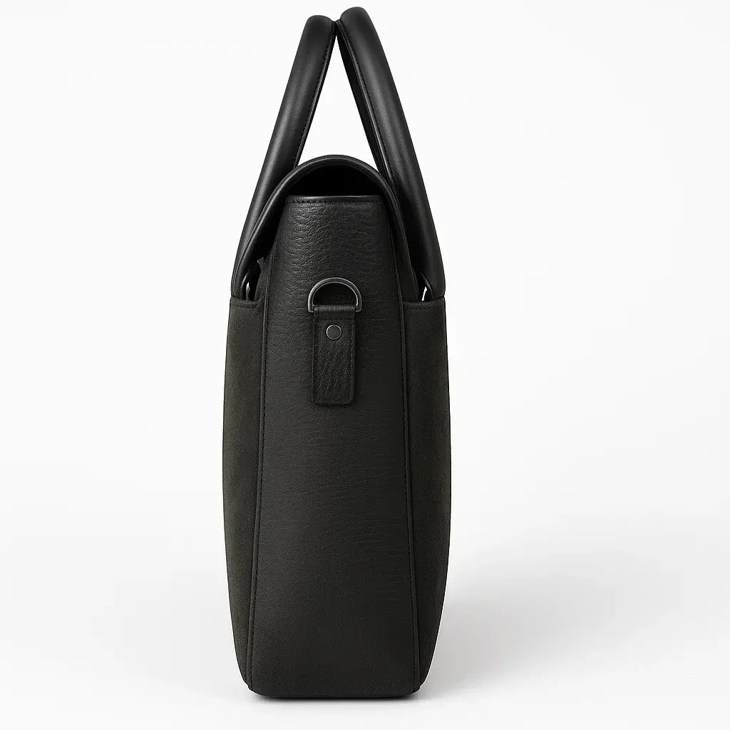 Vue de côté du sac business en cuir noir, profil étroit