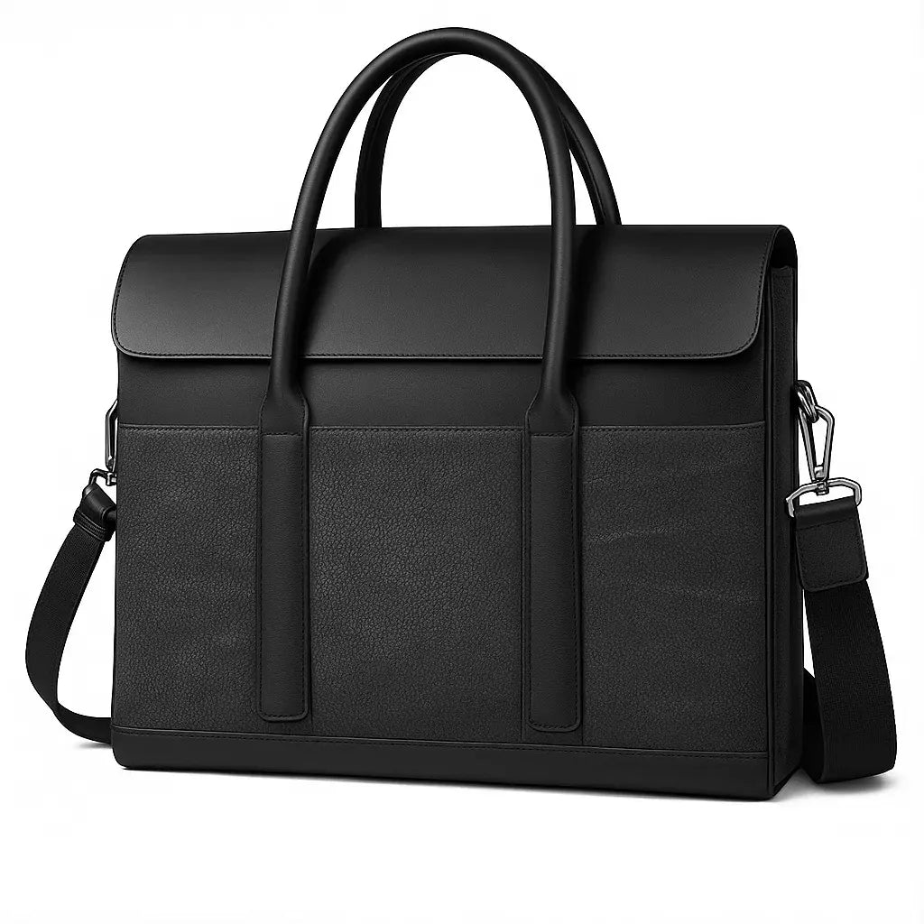 Vue de face du sac business en cuir noir avec poignées et bandoulière