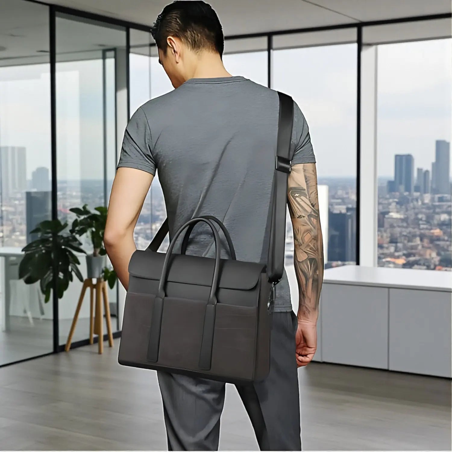 Homme portant le sac business en cuir noir à l’épaule