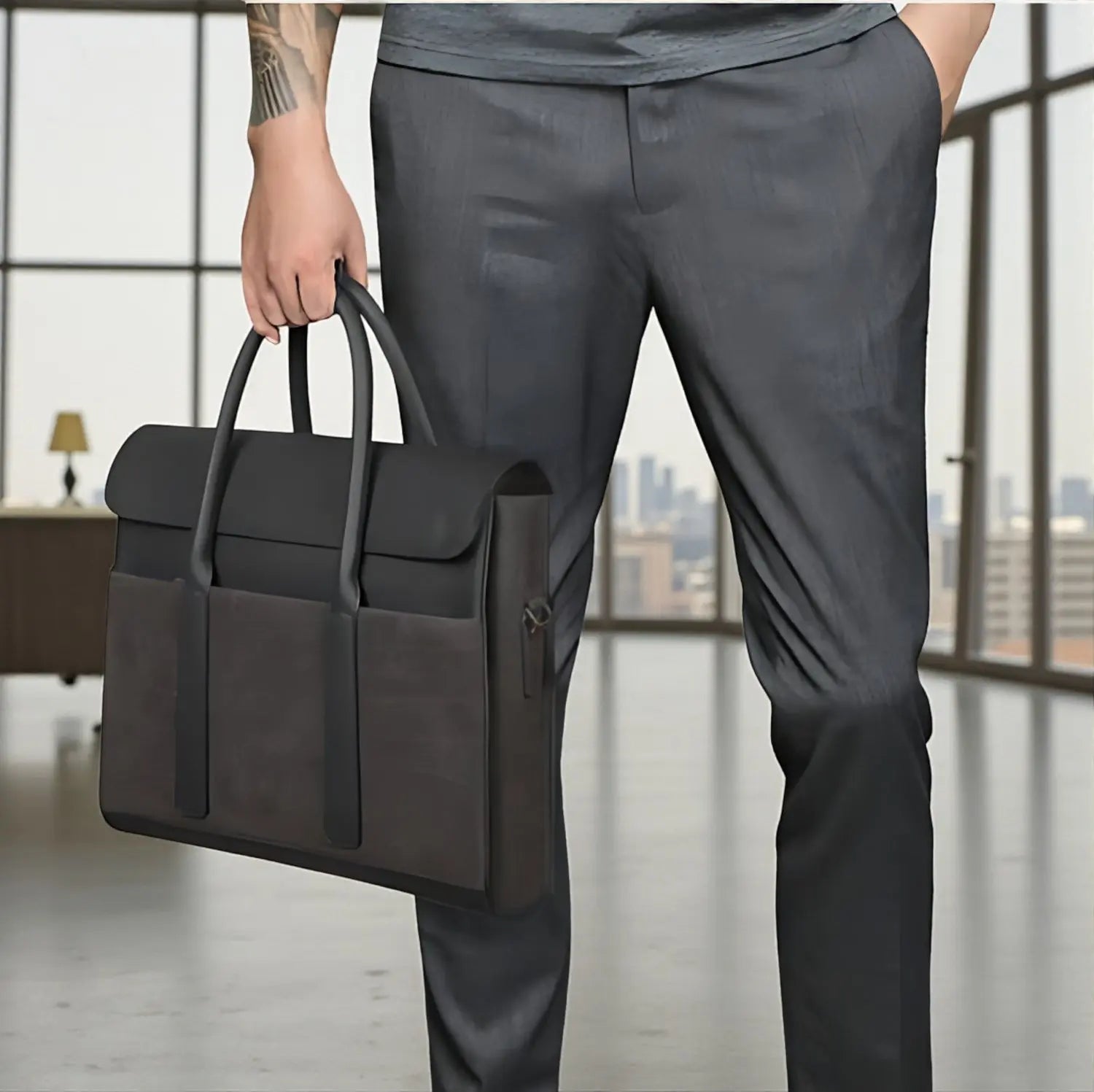 Homme portant le sac business en cuir noir à la main